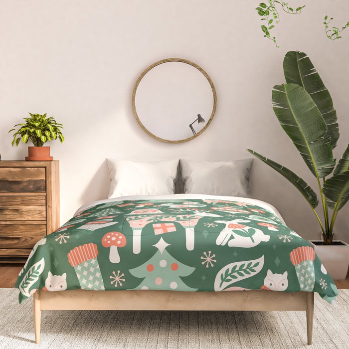 Festive Folk Art Forest Animals - Green and Red Comforter Gallery Image 3