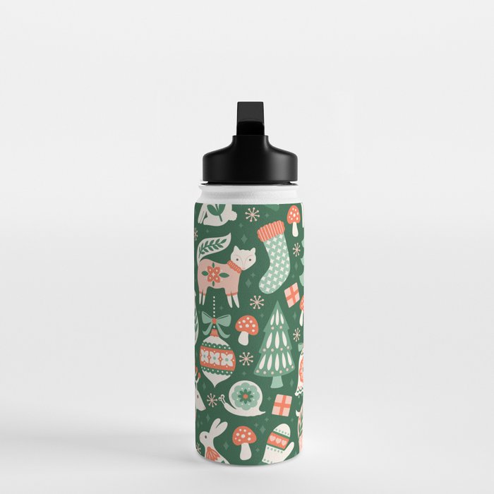 Festive Folk Art Forest Animals - Green and Red Water Bottle Gallery Image 3