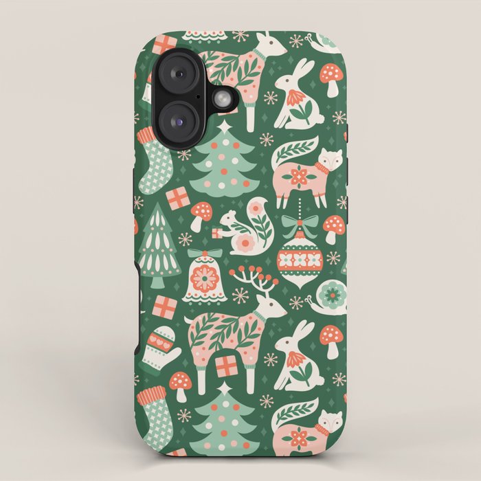 Festive Folk Art Forest Animals - Green and Red iPhone Case Gallery Image 1