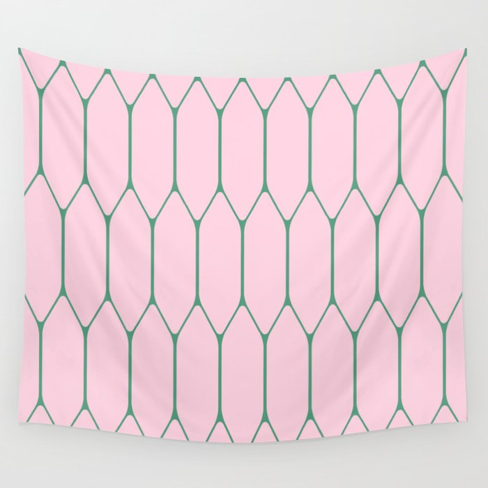 Pink and Green Long Honeycomb Minimalist Geometric Pattern Wall Tapestry Gallery Image 1