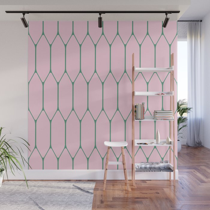 Pink and Green Long Honeycomb Minimalist Geometric Pattern Wall Mural Gallery Image 1