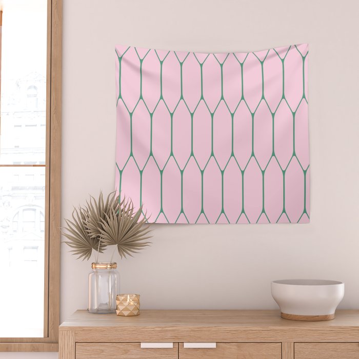 Pink and Green Long Honeycomb Minimalist Geometric Pattern Wall Tapestry Gallery Image 2