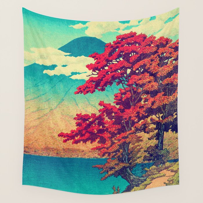 The New Year in Hisseii - Autumn Tree & Mountain by the Ocean Ukiyoe Nature Landscape in Red & Blue Wall Tapestry Gallery Image 1
