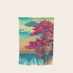 The New Year in Hisseii - Autumn Tree & Mountain by the Ocean Ukiyoe Nature Landscape in Red & Blue Wall Hanging Gallery Image 1