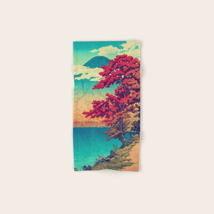 The New Year in Hisseii - Autumn Tree & Mountain by the Ocean Ukiyoe Nature Landscape in Red & Blue Bath Towel Gallery Image 1