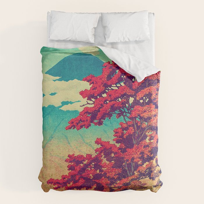 The New Year in Hisseii - Autumn Tree & Mountain by the Ocean Ukiyoe Nature Landscape in Red & Blue Duvet Cover Gallery Image 6