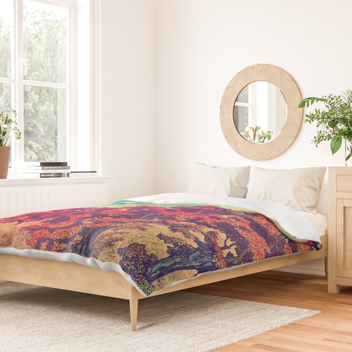 The New Year in Hisseii - Autumn Tree & Mountain by the Ocean Ukiyoe Nature Landscape in Red & Blue Duvet Cover Gallery Image 2