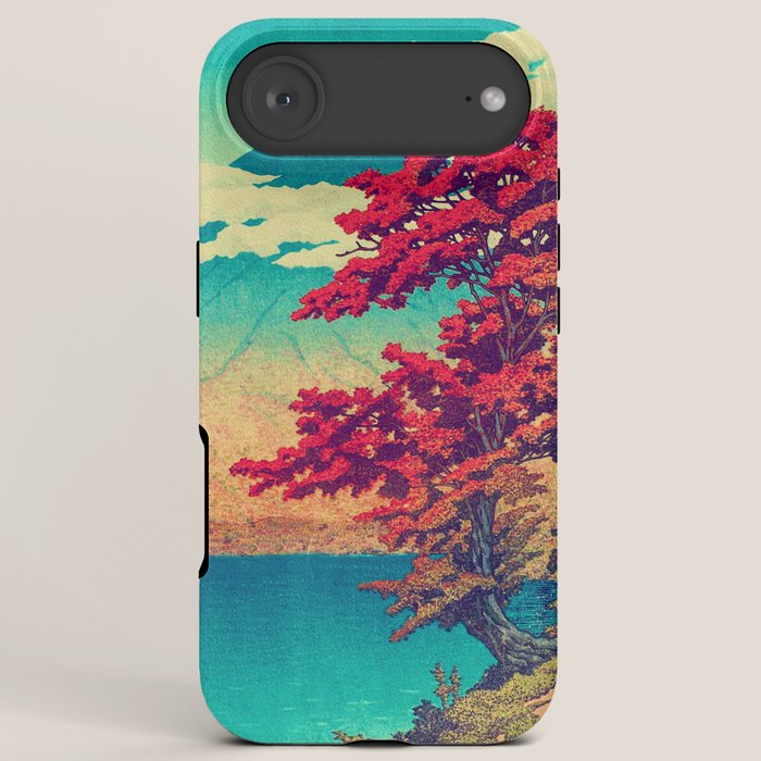 The New Year in Hisseii - Autumn Tree & Mountain by the Ocean Ukiyoe Nature Landscape in Red & Blue iPhone Case Gallery Image 6