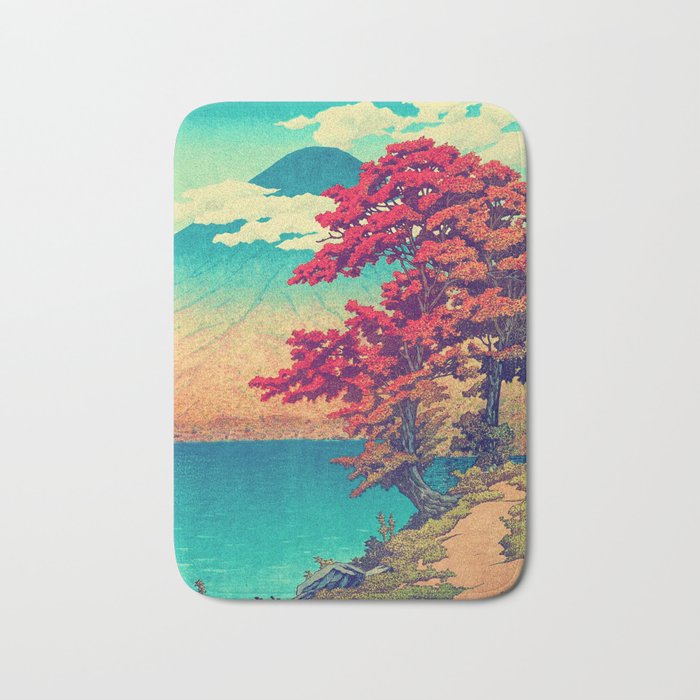 The New Year in Hisseii - Autumn Tree & Mountain by the Ocean Ukiyoe Nature Landscape in Red & Blue Bath Mat Gallery Image 1
