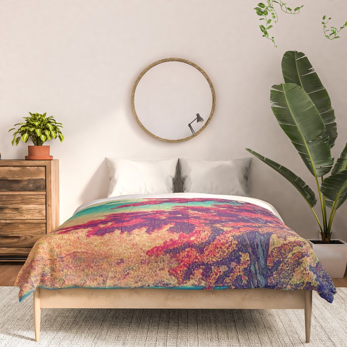 The New Year in Hisseii - Autumn Tree & Mountain by the Ocean Ukiyoe Nature Landscape in Red & Blue Comforter Gallery Image 3