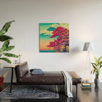 The New Year in Hisseii - Autumn Tree & Mountain by the Ocean Ukiyoe Nature Landscape in Red & Blue Wood Wall Art Gallery Image 2