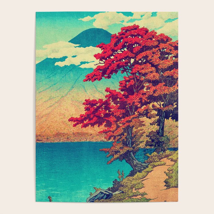The New Year in Hisseii - Autumn Tree & Mountain by the Ocean Ukiyoe Nature Landscape in Red & Blue Poster Gallery Image 1