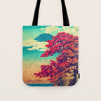 The New Year in Hisseii - Autumn Tree & Mountain by the Ocean Ukiyoe Nature Landscape in Red & Blue Tote Bag Gallery Image 1