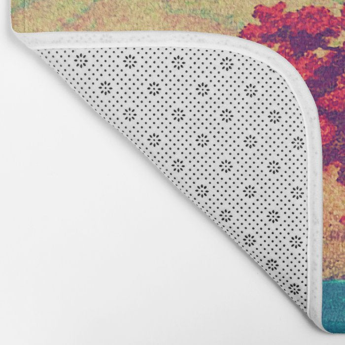 The New Year in Hisseii - Autumn Tree & Mountain by the Ocean Ukiyoe Nature Landscape in Red & Blue Bath Mat Gallery Image 2
