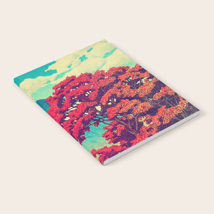 The New Year in Hisseii - Autumn Tree & Mountain by the Ocean Ukiyoe Nature Landscape in Red & Blue Notebook Gallery Image 1
