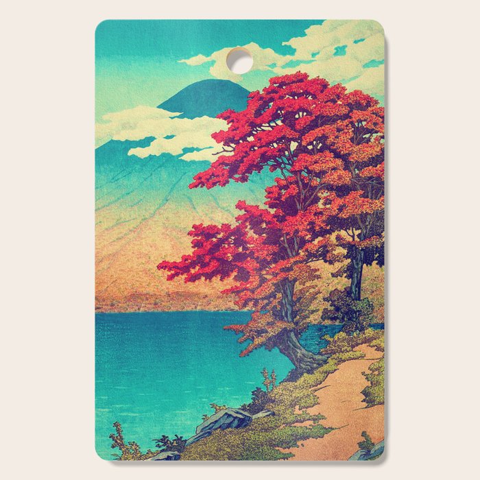 The New Year in Hisseii - Autumn Tree & Mountain by the Ocean Ukiyoe Nature Landscape in Red & Blue Cutting Board Gallery Image 1