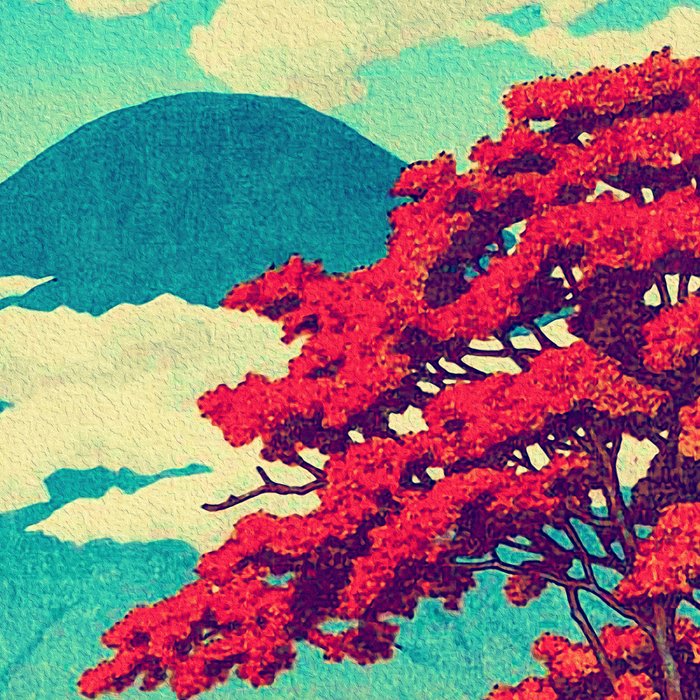 The New Year in Hisseii - Autumn Tree & Mountain by the Ocean Ukiyoe Nature Landscape in Red & Blue Coffee Mug Gallery Image 2