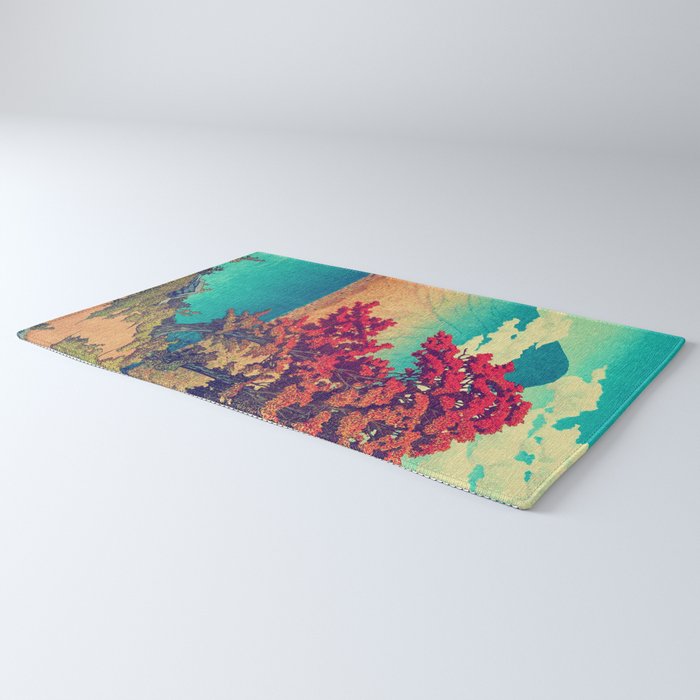 The New Year in Hisseii - Autumn Tree & Mountain by the Ocean Ukiyoe Nature Landscape in Red & Blue Rug Gallery Image 3
