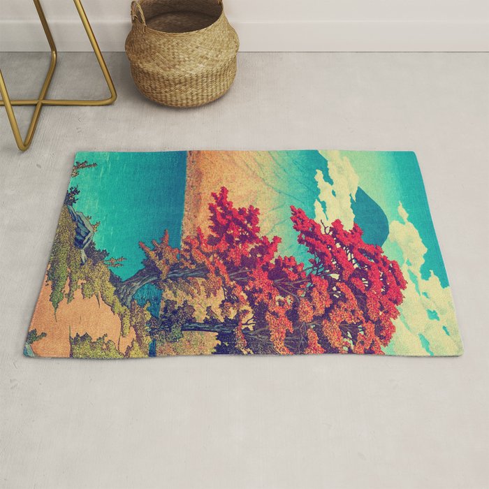 The New Year in Hisseii - Autumn Tree & Mountain by the Ocean Ukiyoe Nature Landscape in Red & Blue Rug Gallery Image 1