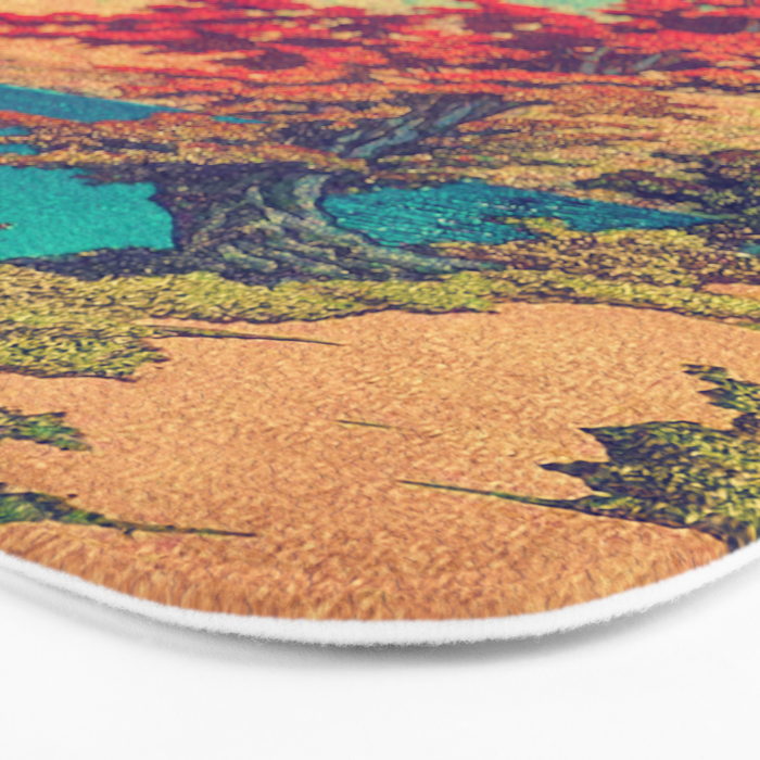 The New Year in Hisseii - Autumn Tree & Mountain by the Ocean Ukiyoe Nature Landscape in Red & Blue Bath Mat Gallery Image 3