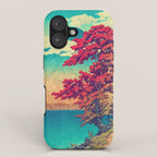 The New Year in Hisseii - Autumn Tree & Mountain by the Ocean Ukiyoe Nature Landscape in Red & Blue iPhone Case Gallery Image 1