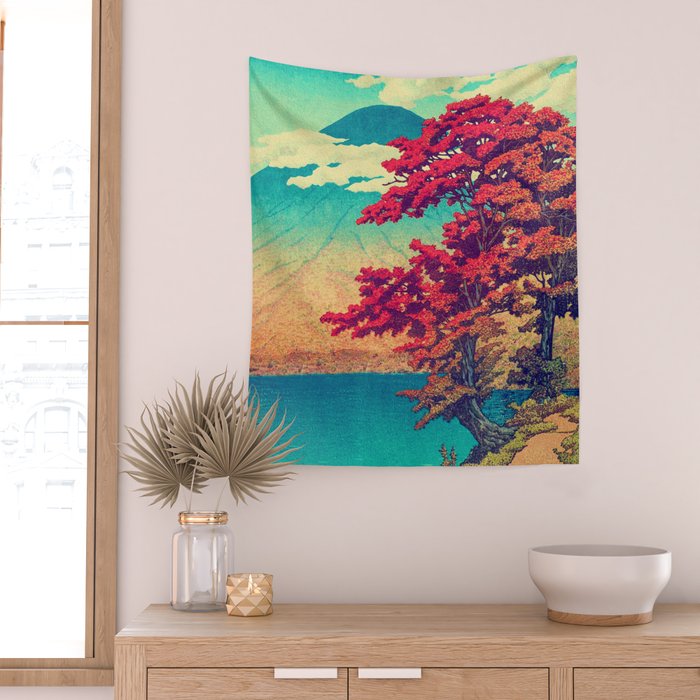 The New Year in Hisseii - Autumn Tree & Mountain by the Ocean Ukiyoe Nature Landscape in Red & Blue Wall Tapestry Gallery Image 2