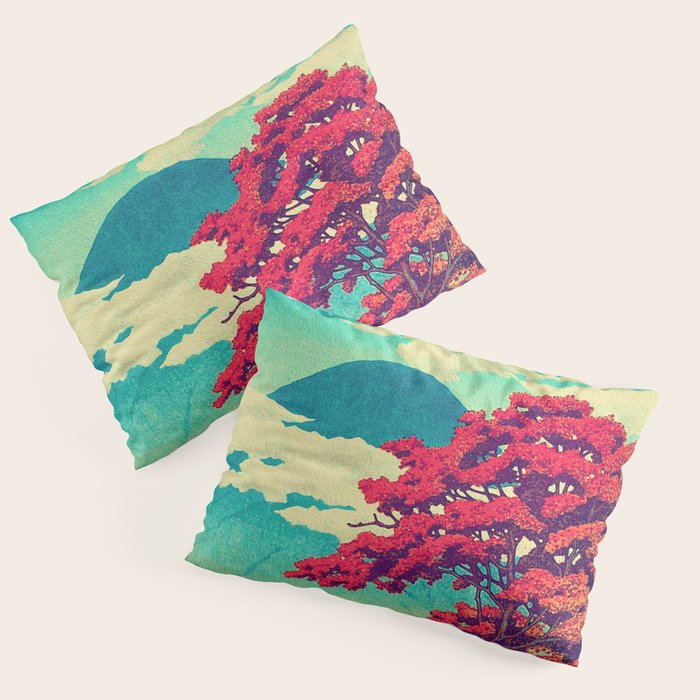 The New Year in Hisseii - Autumn Tree & Mountain by the Ocean Ukiyoe Nature Landscape in Red & Blue Pillow Sham Gallery Image 1