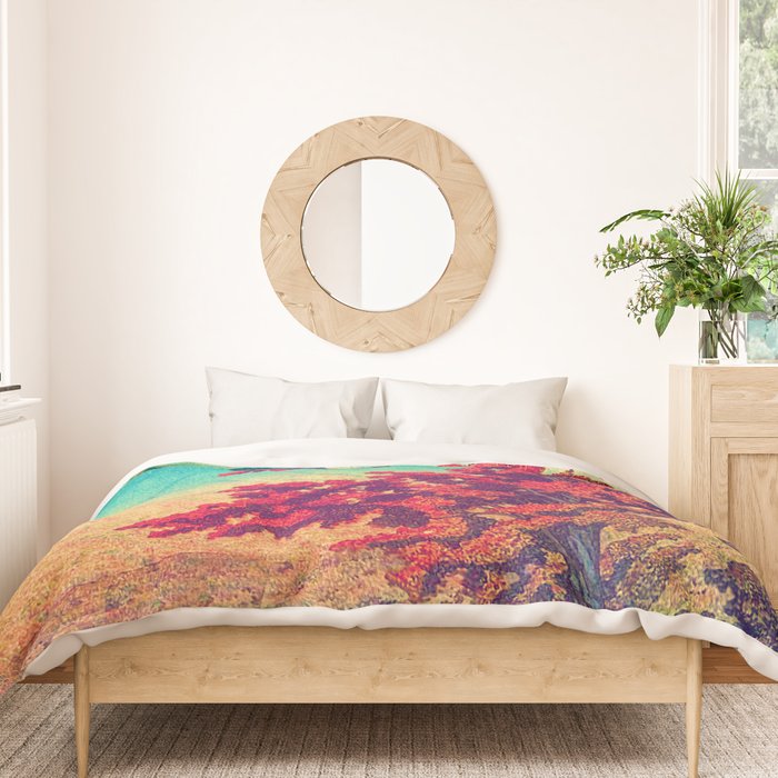 The New Year in Hisseii - Autumn Tree & Mountain by the Ocean Ukiyoe Nature Landscape in Red & Blue Duvet Cover Gallery Image 3