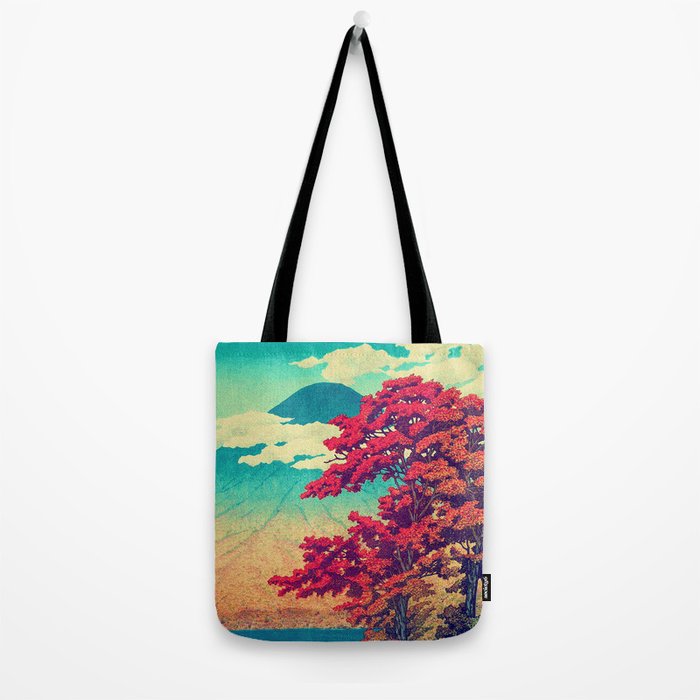 The New Year in Hisseii - Autumn Tree & Mountain by the Ocean Ukiyoe Nature Landscape in Red & Blue Tote Bag Gallery Image 2