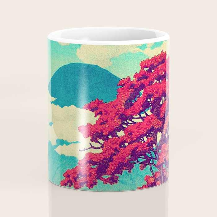 The New Year in Hisseii - Autumn Tree & Mountain by the Ocean Ukiyoe Nature Landscape in Red & Blue Coffee Mug Gallery Image 4