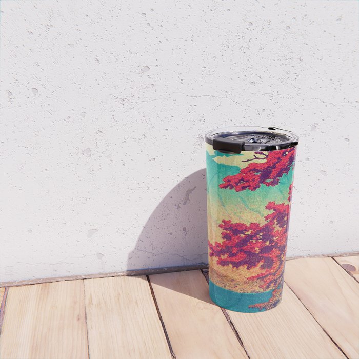 The New Year in Hisseii - Autumn Tree & Mountain by the Ocean Ukiyoe Nature Landscape in Red & Blue Travel Mug Gallery Image 4