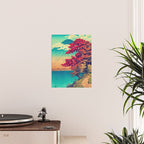 The New Year in Hisseii - Autumn Tree & Mountain by the Ocean Ukiyoe Nature Landscape in Red & Blue Poster Gallery Image 2