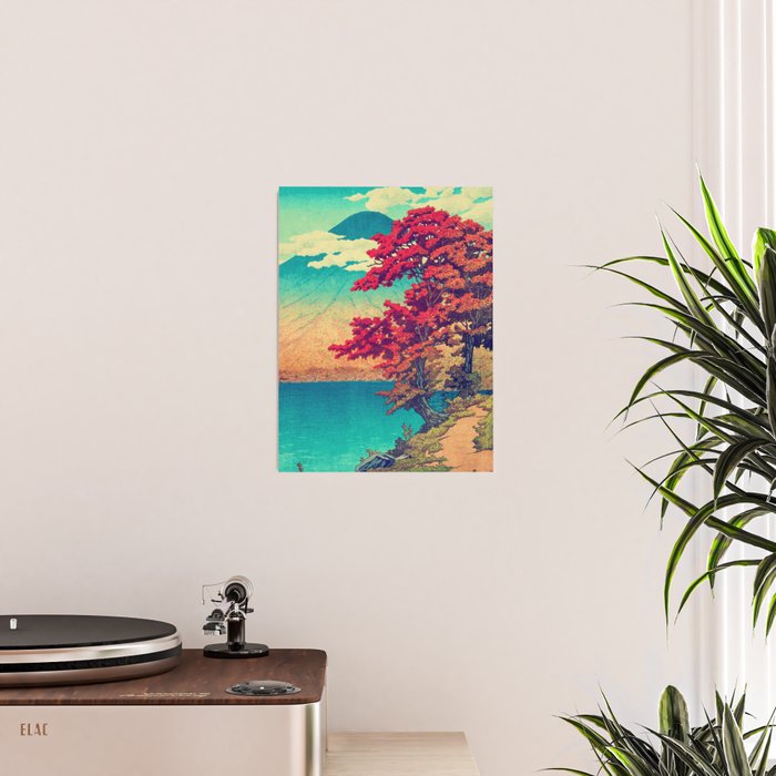 The New Year in Hisseii - Autumn Tree & Mountain by the Ocean Ukiyoe Nature Landscape in Red & Blue Poster Gallery Image 2