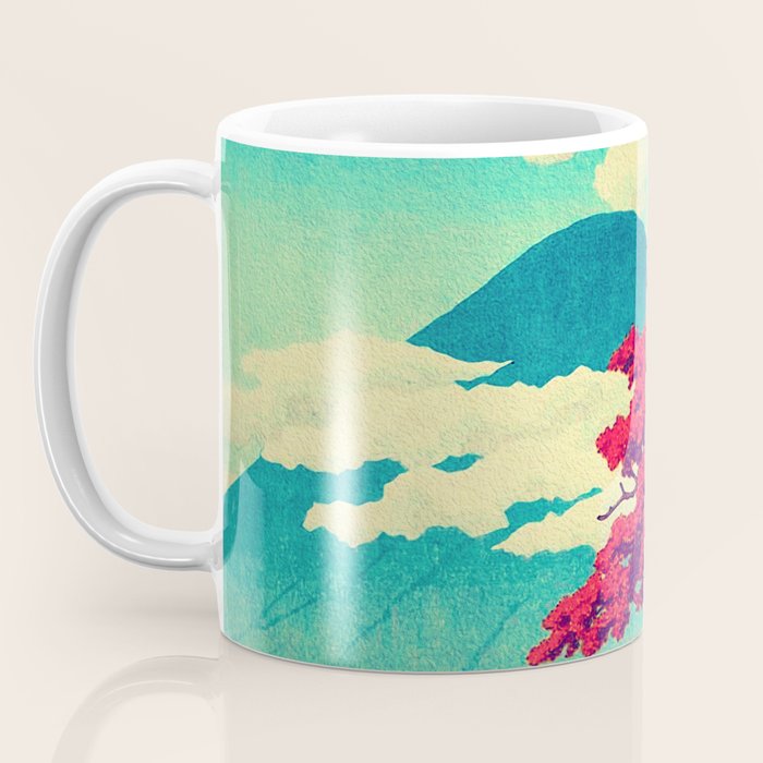The New Year in Hisseii - Autumn Tree & Mountain by the Ocean Ukiyoe Nature Landscape in Red & Blue Coffee Mug Gallery Image 3