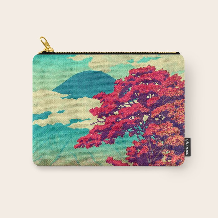 The New Year in Hisseii - Autumn Tree & Mountain by the Ocean Ukiyoe Nature Landscape in Red & Blue Carry All Pouch Gallery Image 1