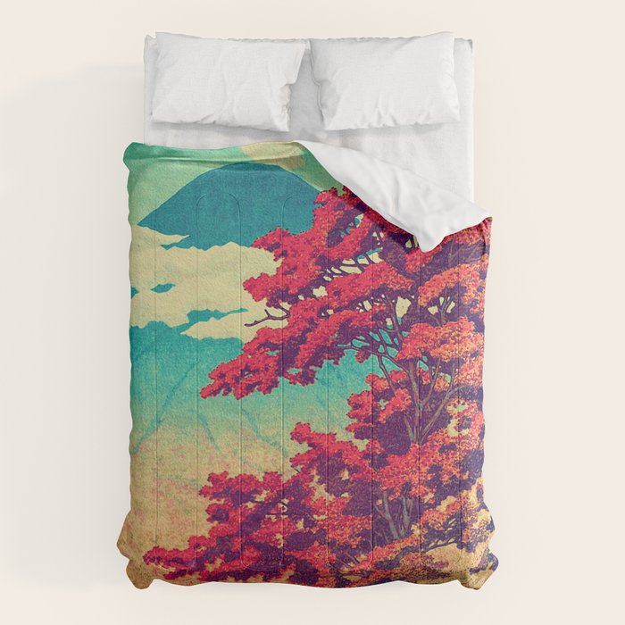 The New Year in Hisseii - Autumn Tree & Mountain by the Ocean Ukiyoe Nature Landscape in Red & Blue Comforter Gallery Image 6