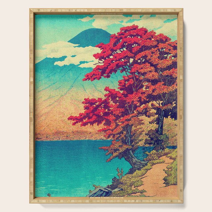 The New Year in Hisseii - Autumn Tree & Mountain by the Ocean Ukiyoe Nature Landscape in Red & Blue Serving Tray Gallery Image 1