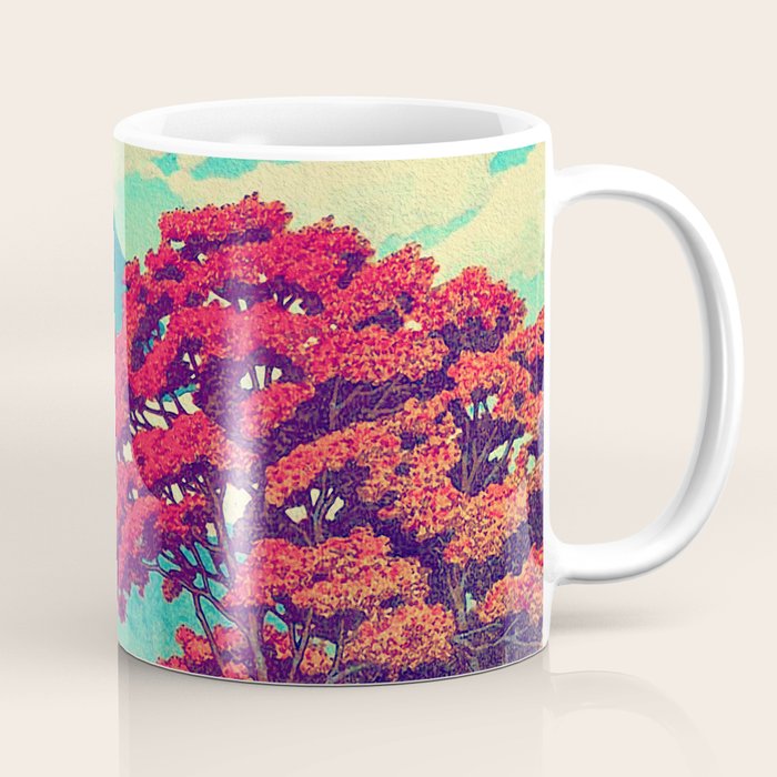 The New Year in Hisseii - Autumn Tree & Mountain by the Ocean Ukiyoe Nature Landscape in Red & Blue Coffee Mug Gallery Image 1