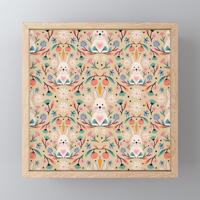 Bunny in the garden - cream pattern  Mini Art Print Gallery Image 1