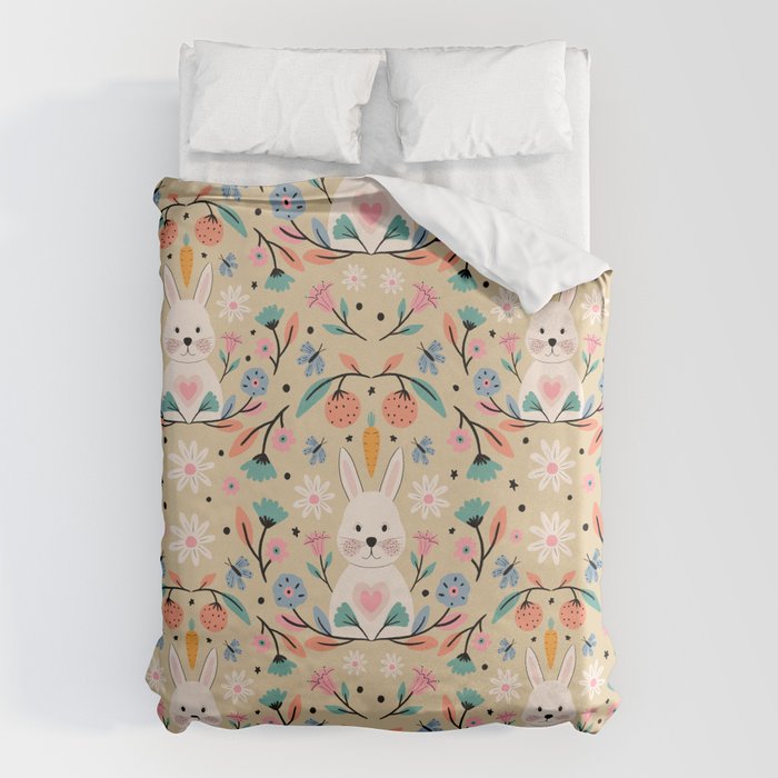 Bunny in the garden - cream pattern  Duvet Cover Gallery Image 1