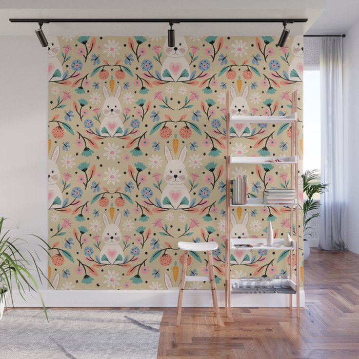 Bunny in the garden - cream pattern  Wall Mural Gallery Image 1