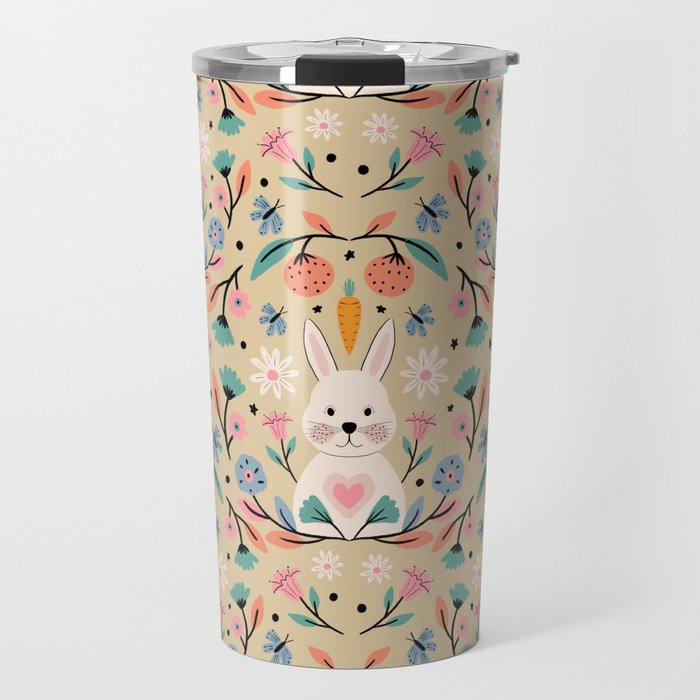 Bunny in the garden - cream pattern  Travel Mug Gallery Image 1