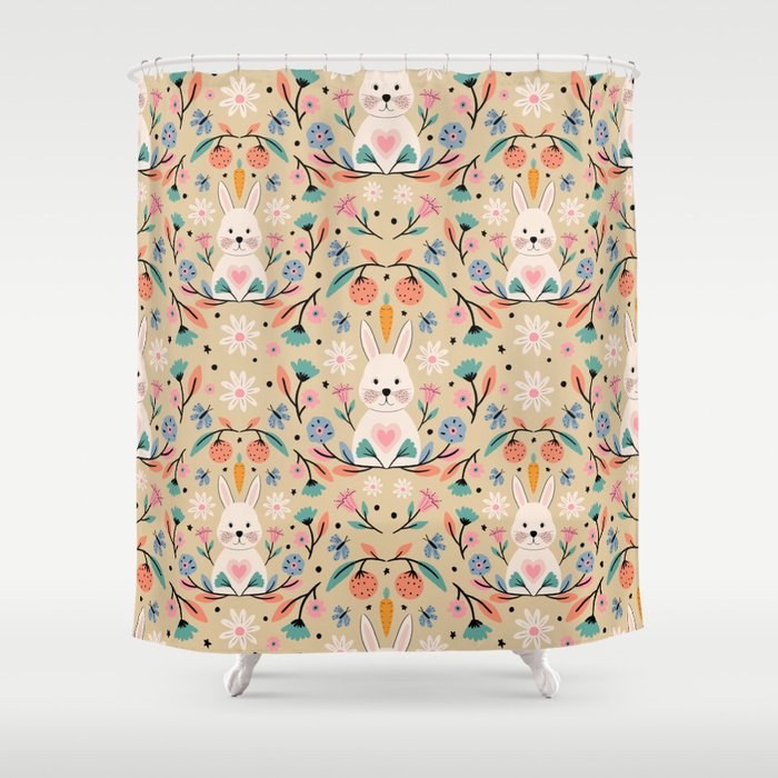 Bunny in the garden - cream pattern  Shower Curtain Gallery Image 1