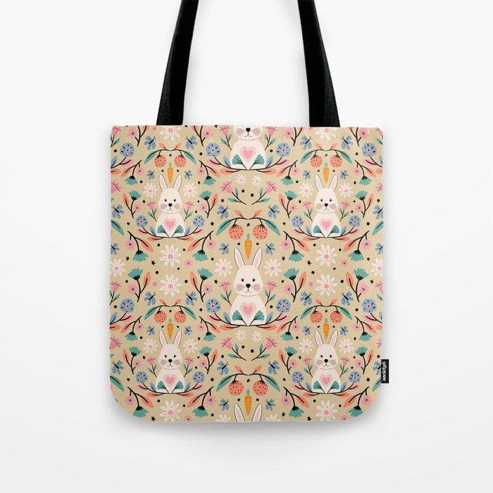 Bunny in the garden - cream pattern  Tote Bag Gallery Image 1