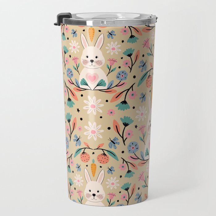 Bunny in the garden - cream pattern  Travel Mug Gallery Image 3