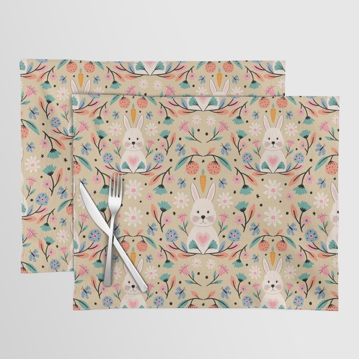 Bunny in the garden - cream pattern  Placemat Gallery Image 1