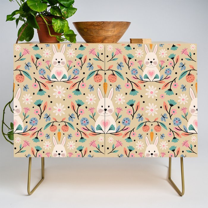 Bunny in the garden - cream pattern  Credenza Gallery Image 1