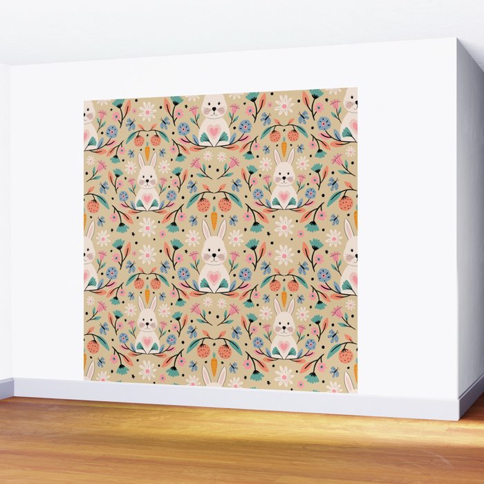 Bunny in the garden - cream pattern  Wall Mural Gallery Image 2