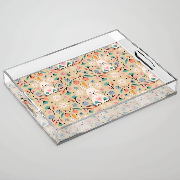 Bunny in the garden - cream pattern  Acrylic Tray Gallery Image 1