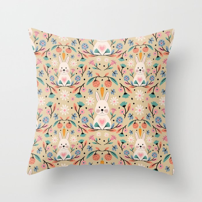 Bunny in the garden - cream pattern  Throw Pillow Gallery Image 6